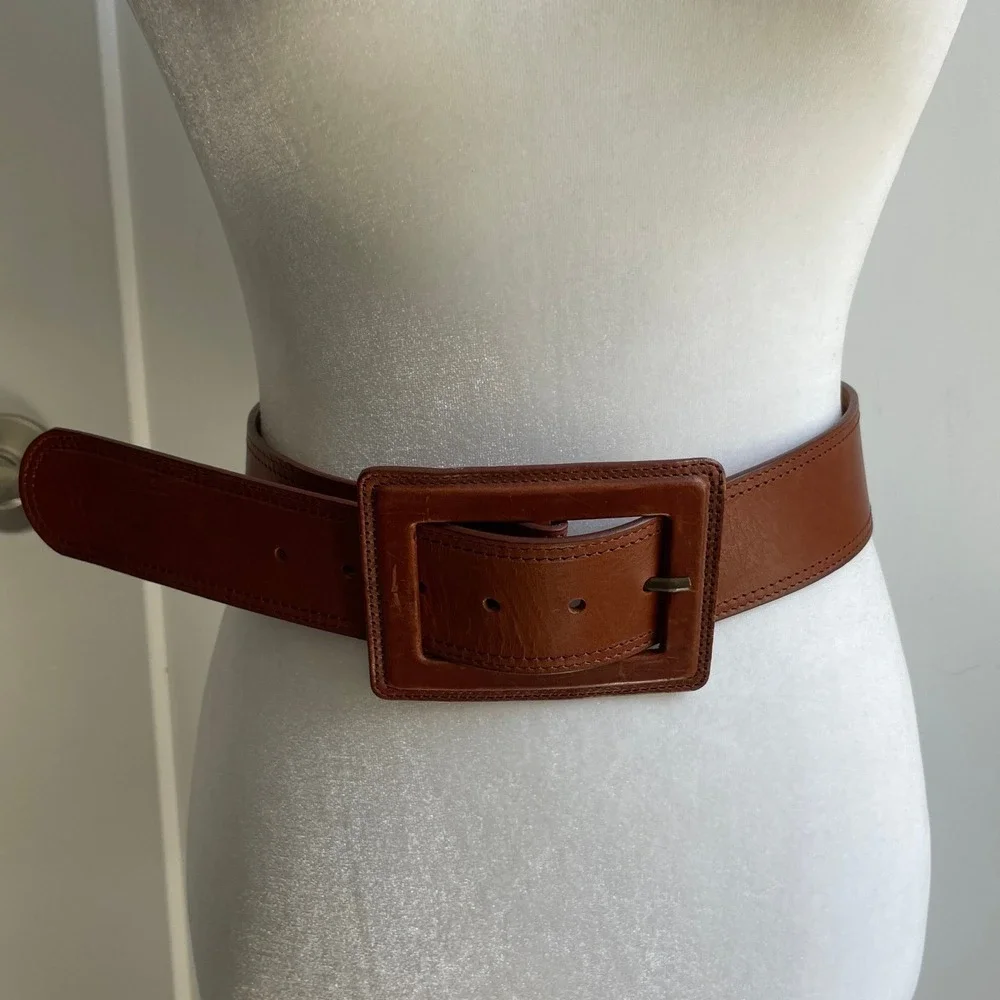 Vintage Made in Italy Wide Brown Leather Belt Square Buckle Statement Size L